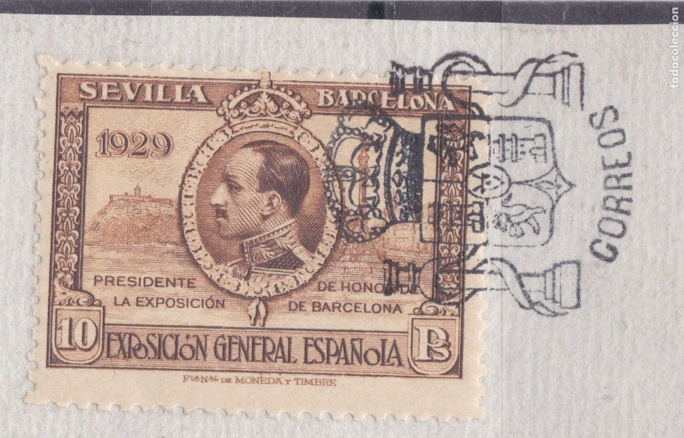 Sellos: AA9-Expo Sevilla-Barcelona 10 Ptas Edifil 446 . Matasellos Franquicia . Fragmento LUJO