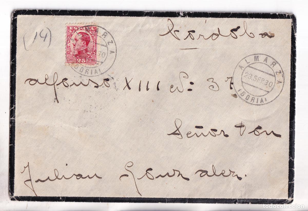 Sellos: SOBRE CON LA CARTA. ALMARZA. SORIA. 1930. A C&Oacute;RDOBA. BONITO FECHADOR