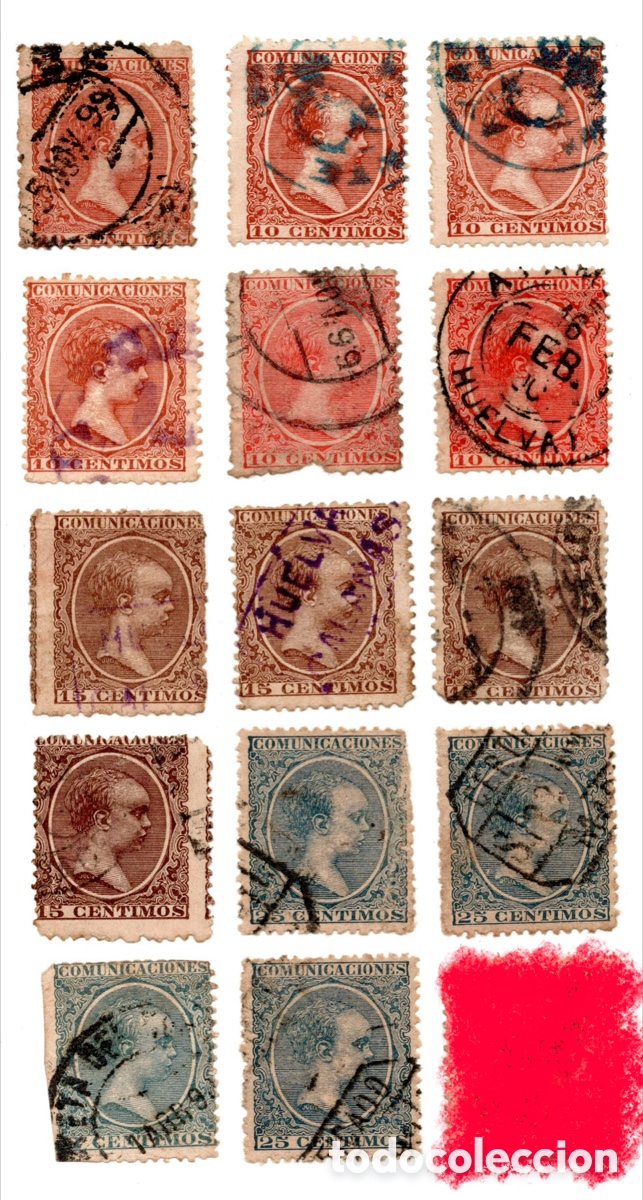 Sellos: Espa&ntilde;a 1889-1899 Alfonso XIII Pel&oacute;n Edifil 218 219 221 - Lote 14 sellos usados
