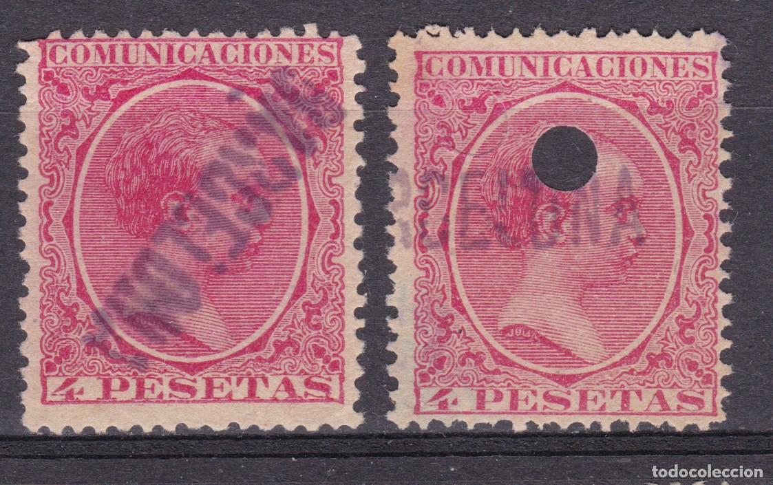 Sellos: AA11- Alfonso XIII Pel&oacute;n 4 Ptas Edifil 227/227T.Lineal Barcelona Sin Taladro y Doble Taladro