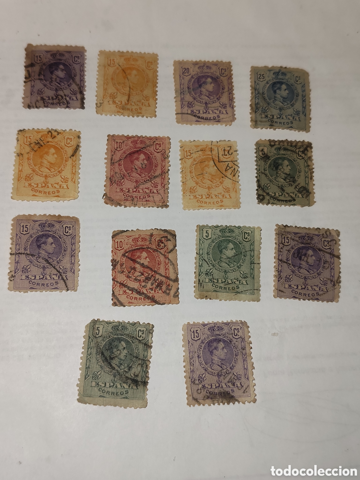 Sellos: 14 sellos de Espa&ntilde;a Rey Alfonso Xlll tipo medall&oacute;n 1909 usado