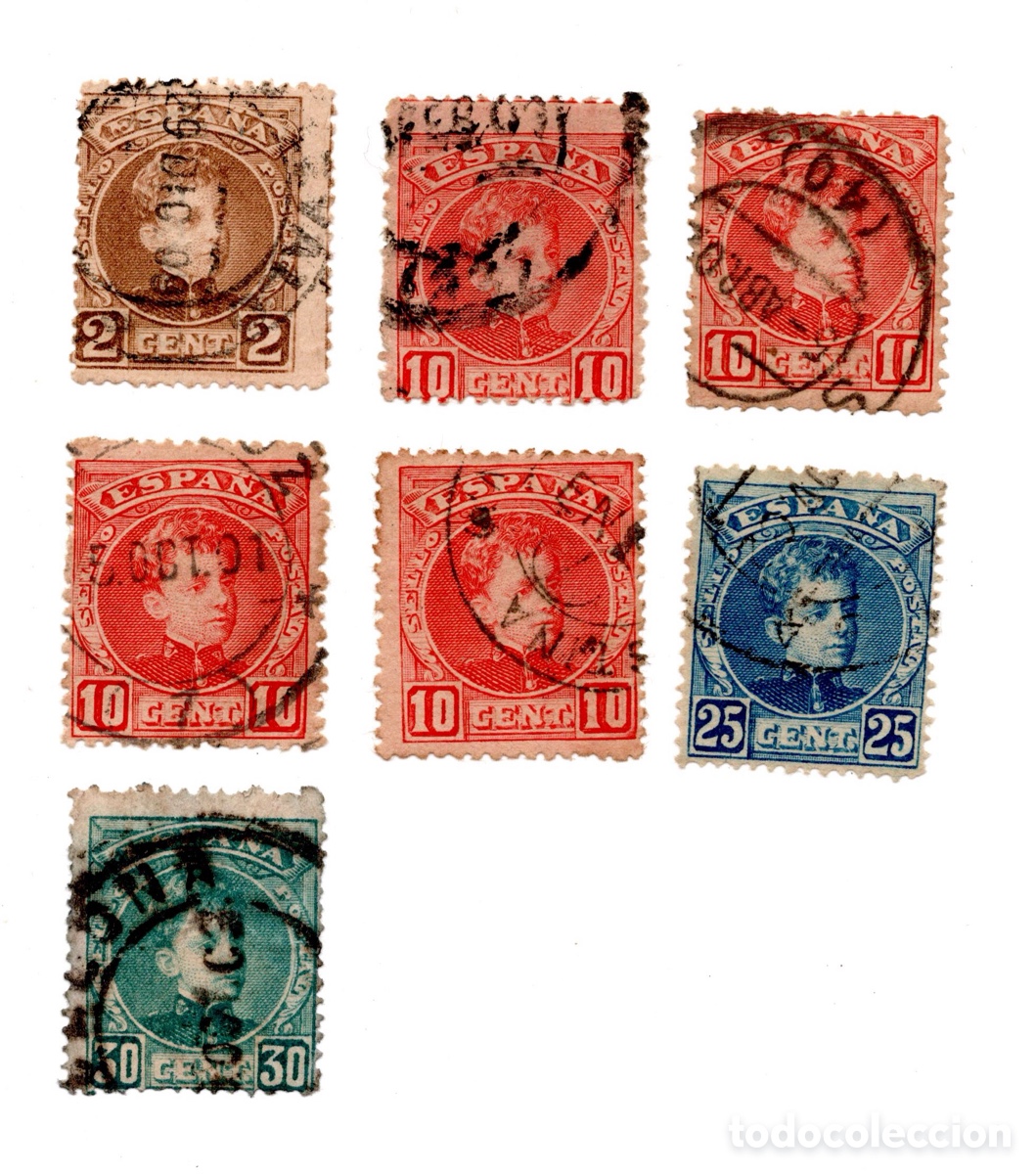 Sellos: Espa&ntilde;a 1901-1905 Alfonso XIII Cadete lote 7 sellos usados Edifil 241 243 248 249