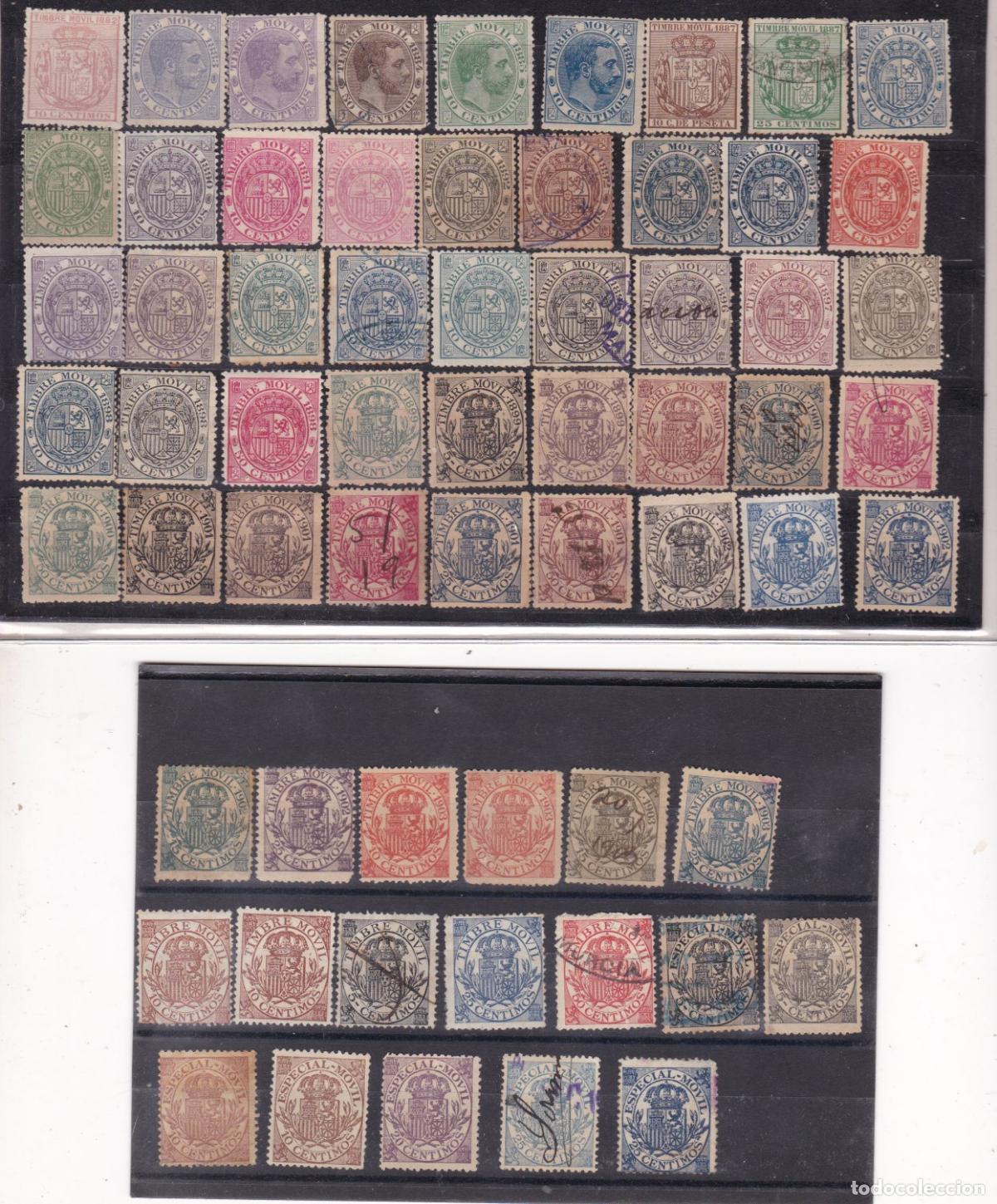 Sellos: FC-73- FISCALES Postales . Gran Lote TIMBRE MOVIL + 70 Tipos
