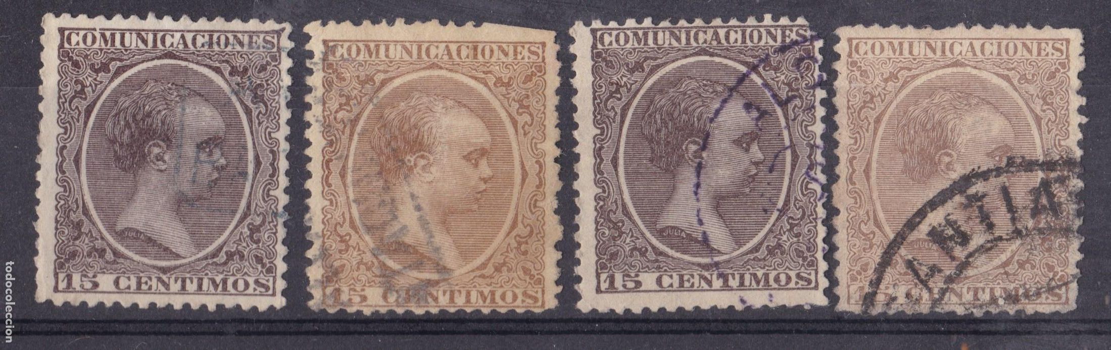 Sellos: AA16-Alfonso XIII Pel&oacute;n 15 Cts . Error COLOR Casta&ntilde;o Amarillo x 2 Usados