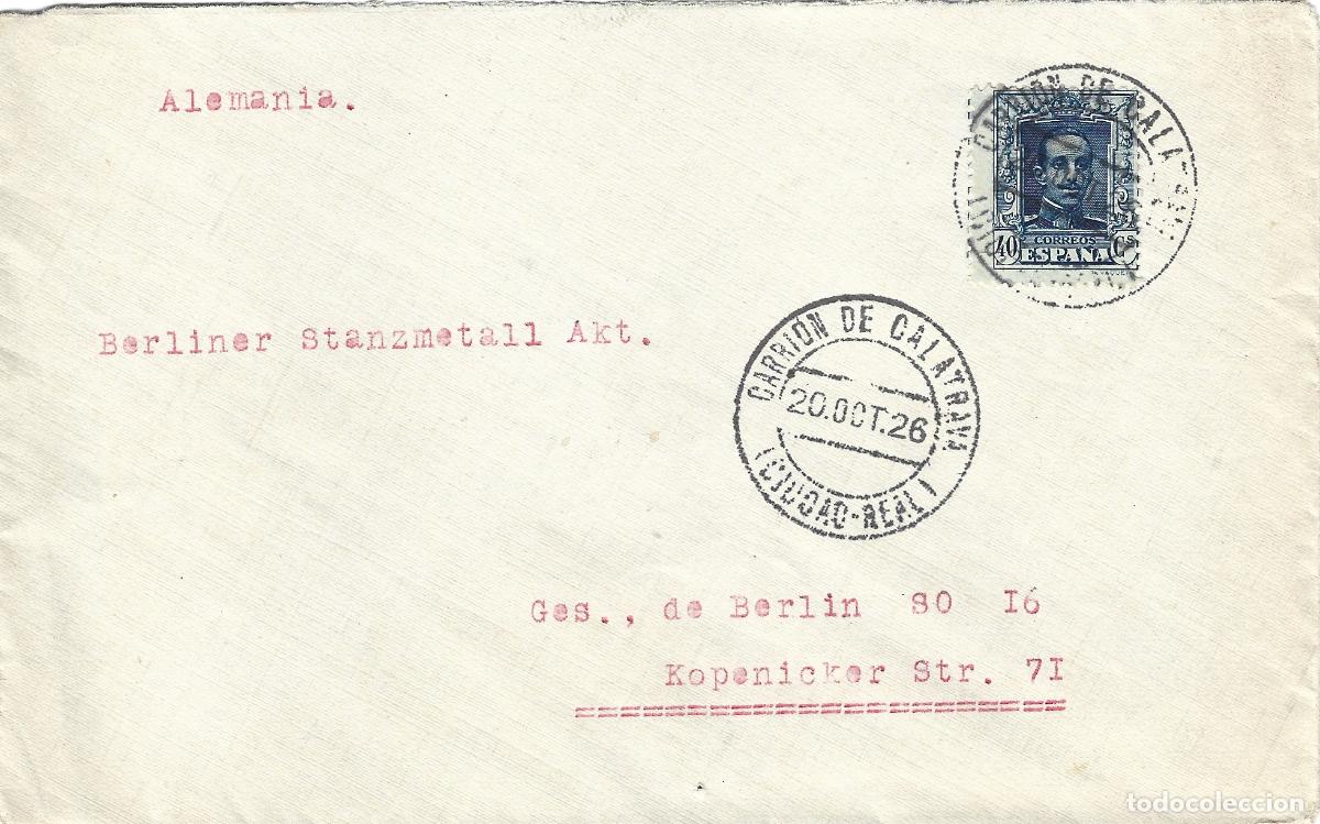 Sellos: 1926 carta sobre Carrion de Calatrava, Ciudad Real a Alemania. 40c. Alfonso XIII Vaquer