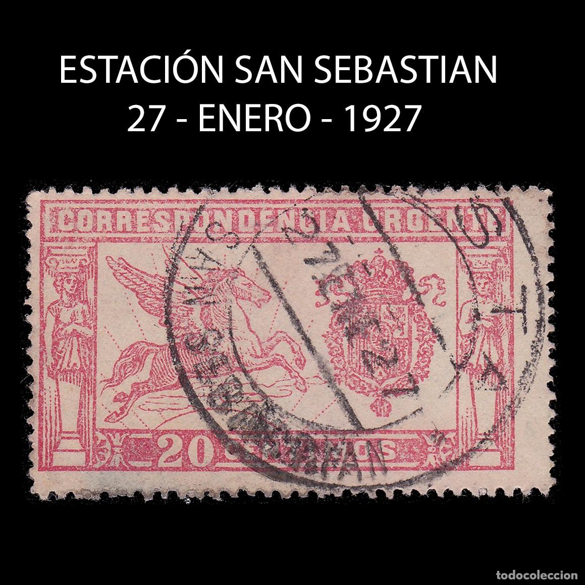 Sellos: ALFONSO XIII. 1925 Pegaso. 20c. ESTA. S. SEBASTI&Aacute;N. Edifil 324 + OBSEQUIO
