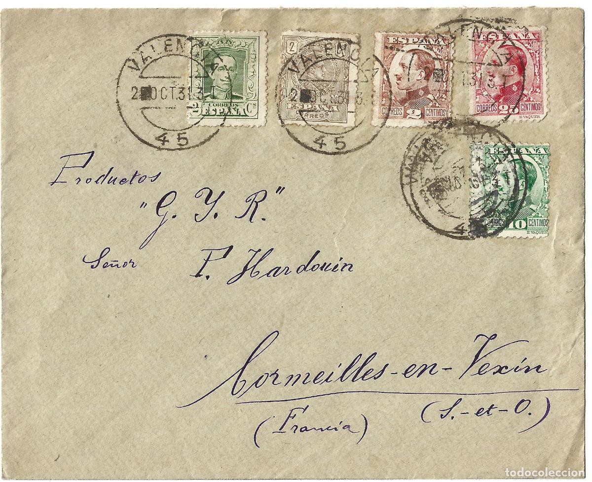 Sellos: 1931 carta sobre II REP&Uacute;BLICA Valencia a Francia FRANQUEO Alfonso XIII 1902, 1922 y 1930