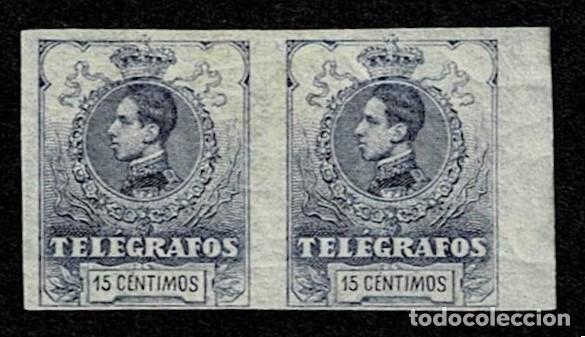 Sellos: Espa&ntilde;a TELEGRAFOS A&ntilde;o 1912 Edifil n&ordm; 49 Pareja SIN DENTAR Valor 15c VIOLETA Sin fijasellos VER.