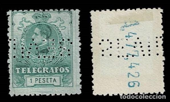 Sellos: Espa&ntilde;a TELEGRAFOS A&ntilde;o 1912 Edifil n&ordm; 52 Valor 1pta VERDE Con Taladro de PUNTOS SEVILLA VER.
