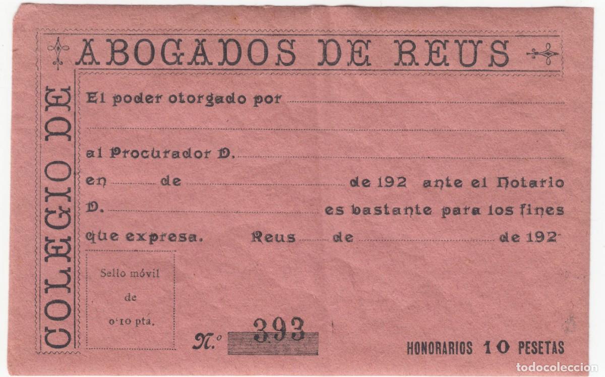 Sellos: SELLO BASTANTEO COLEGIO ABOGADOS REUS HONORARIOS 10 PTAS NUEVO CON GOMA ORIGINAL