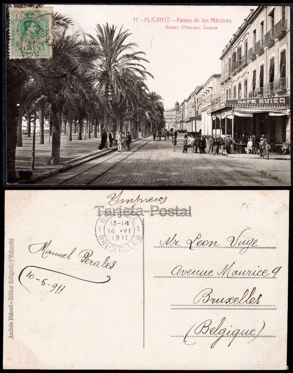 Sellos: Alicante - Edi o TP 268 - Postal &rdquo;Alicante - Paseo de los M&aacute;rtires&rdquo; circulada