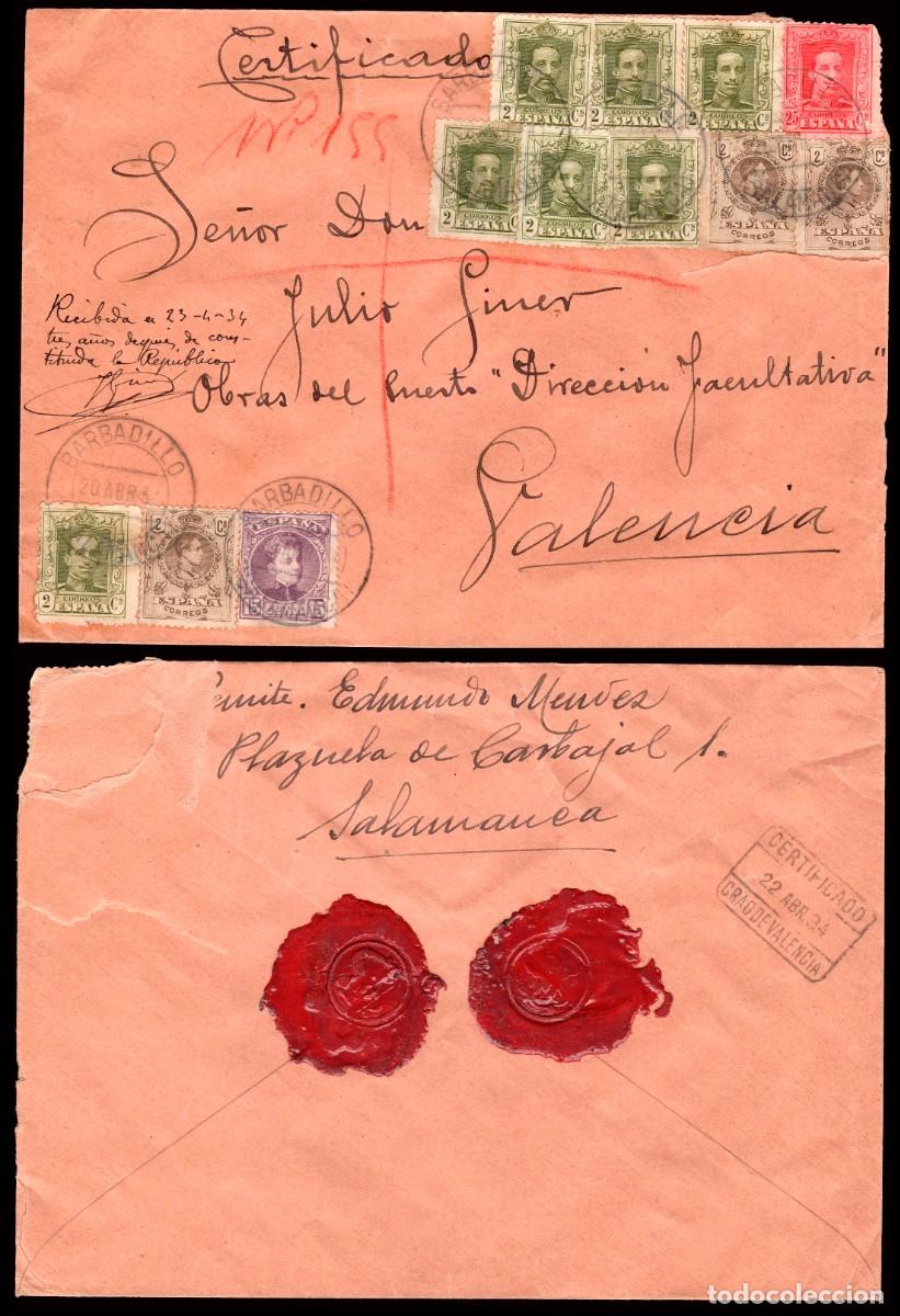 Sellos: Espa&ntilde;a - Edi o 246+267(3)+310(7)+317 - Sobre Mat &rdquo;Certificado Baradillo 20/Abr./34 - Salmanca&rdquo;+