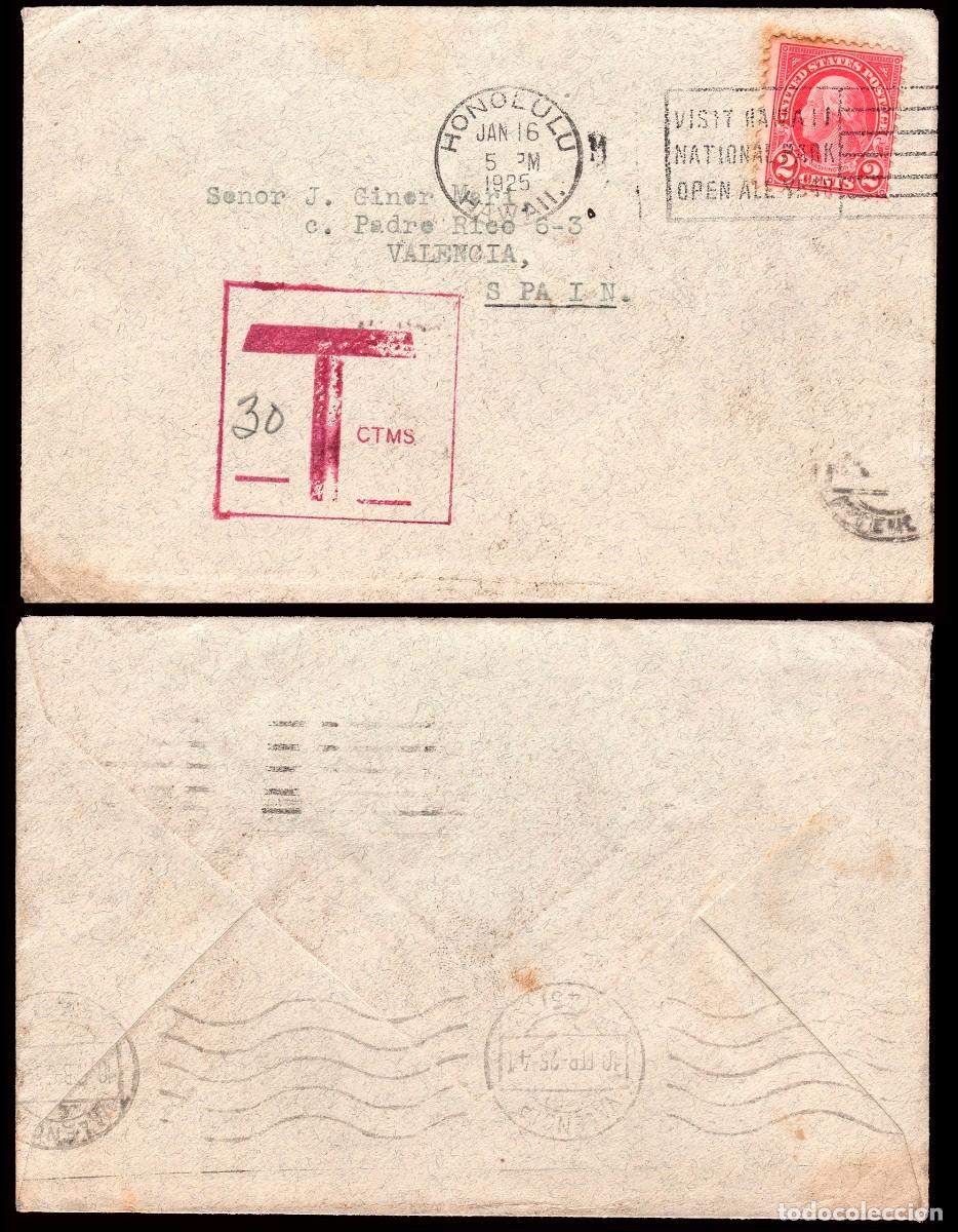 Sellos: Espa&ntilde;a - Sobre con sello EEUU - Desde Honolulu 16/01/25 a Valencia + marca &rdquo;T 30 ctms&rdquo; grande