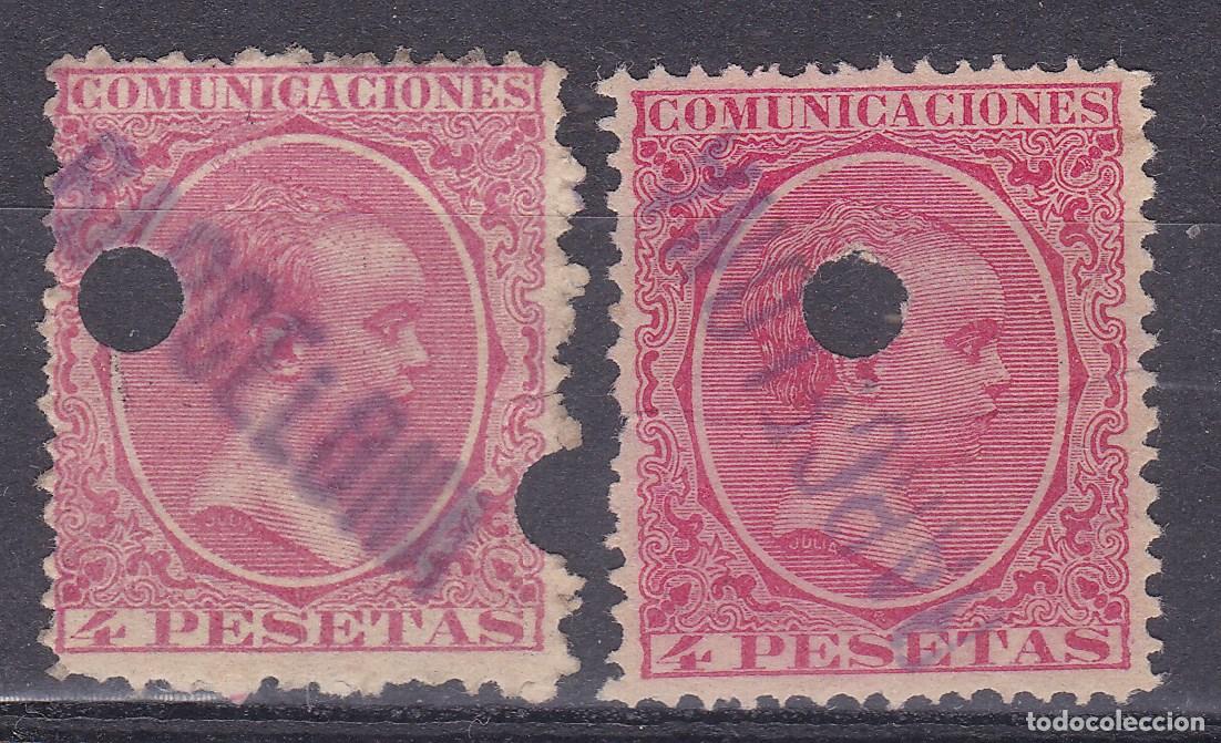 Sellos: SS7 -Alfonso XIII Pel&oacute;n 4 Ptas Edifil 227. usados Telegr&aacute;fos .BARCELONA . Variedad Taladros