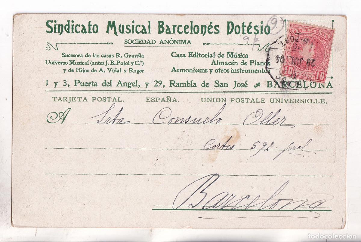 Sellos: POSTAL. JOS&Eacute; TRAG&Oacute;. M&Uacute;SICO. LLANS&Aacute; A BARCELONA. AMBULANTE PORT BOU GIRONA. 1904