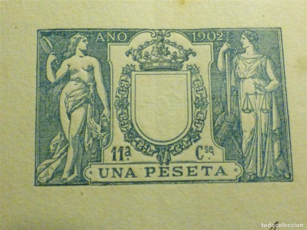 Sellos: Cabecera Timbre Estado, Tasa Papeles Documentos oficiales - P&oacute;liza 11&ordf; Clase, A&ntilde;o 1902 - Una Pesera