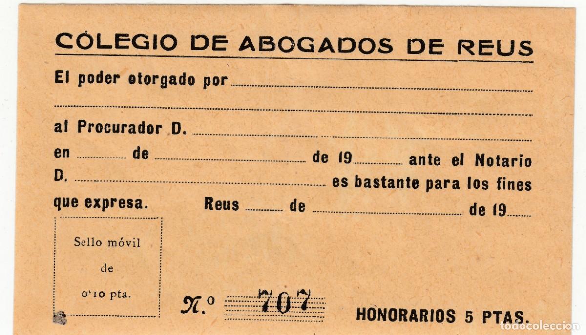 Selos: SELLO BASTANTEO COLEGIO ABOGADOS REUS HONORARIOS 5 PTAS NUEVO CON GOMA ORIGINAL