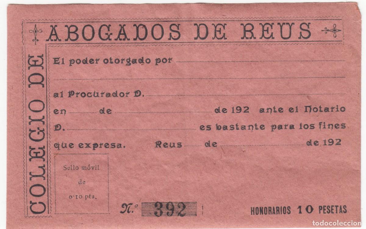 Sellos: SELLO BASTANTEO COLEGIO ABOGADOS REUS HONORARIOS 10 PTAS NUEVO CON GOMA ORIGINAL