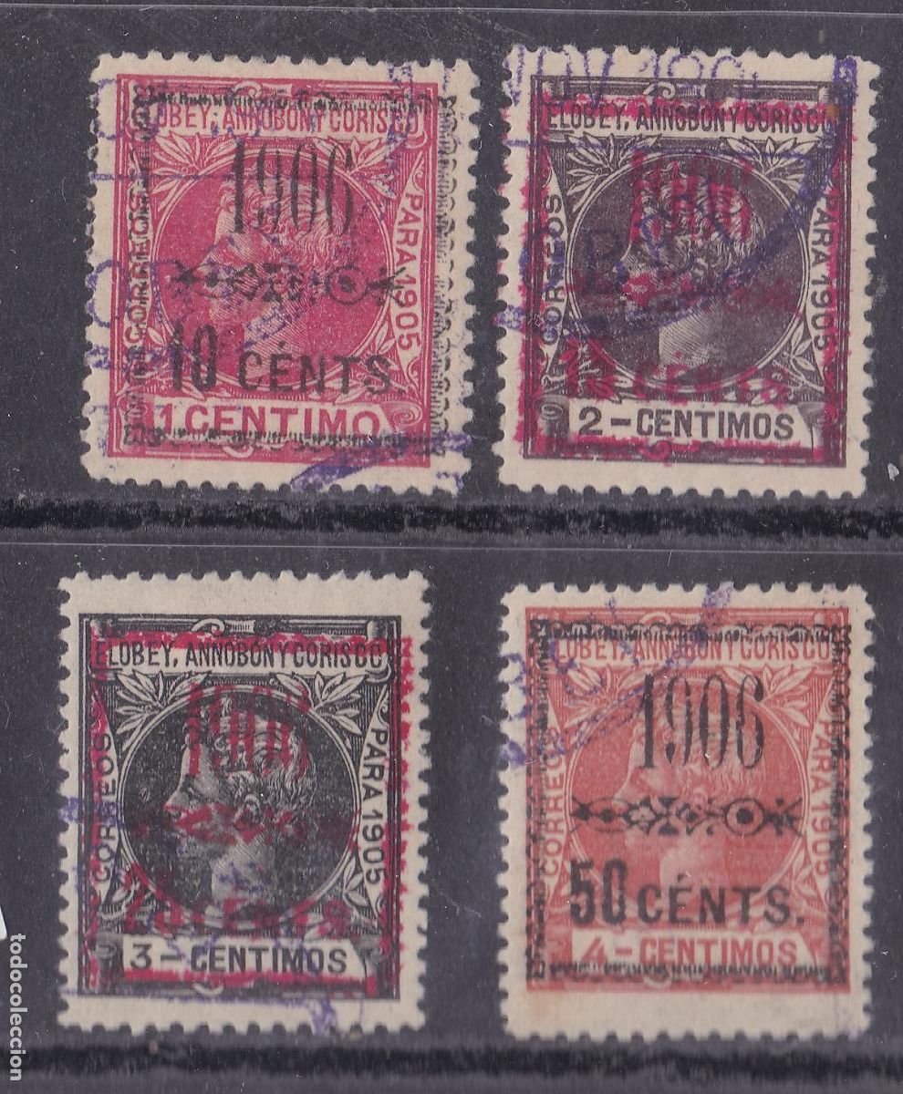 Sellos: AA7Colonias ELOBEY ,ANNOBON y CORISCOS x 4 Sellos Sobrecarga 1906