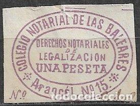 Sellos: Baleares, Sello notarial, Arancel n&ordm; 15 para legalizaciones, 1 pta. violeta, usado