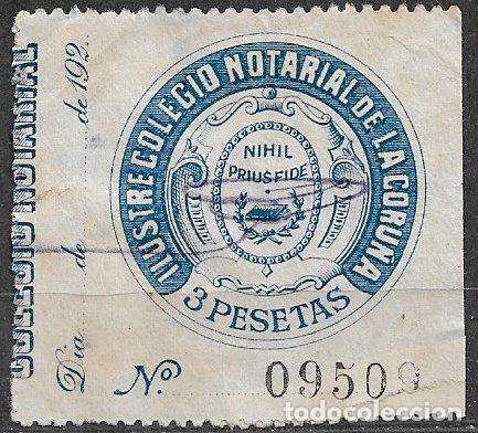 Sellos: Coru&ntilde;a, Colegio notarial, 3 ptas. azul, usado