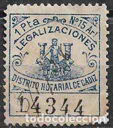 Sellos: C&aacute;diz, Sello notarial, Legalizaciones, 1 pta. azul (Art. n&ordm; 15), usado