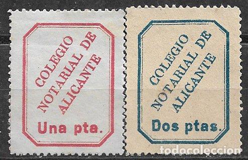 Sellos: Alicante, Colegio notarial, 1 pta. rojo (*) y 2 ptas. azul (*)