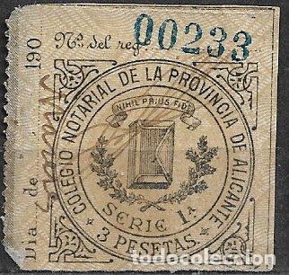 Sellos: Alicante, Colegio notarial, 3 ptas. negro fondo amarillo, usado