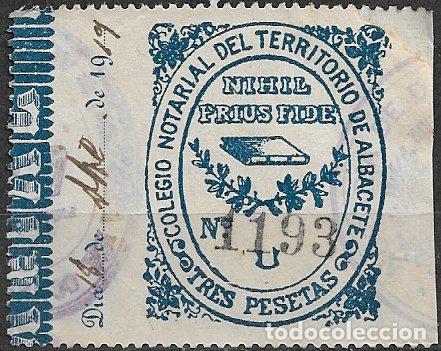 Sellos: Albacete, Colegio notarial, 3 ptas. azul, usado