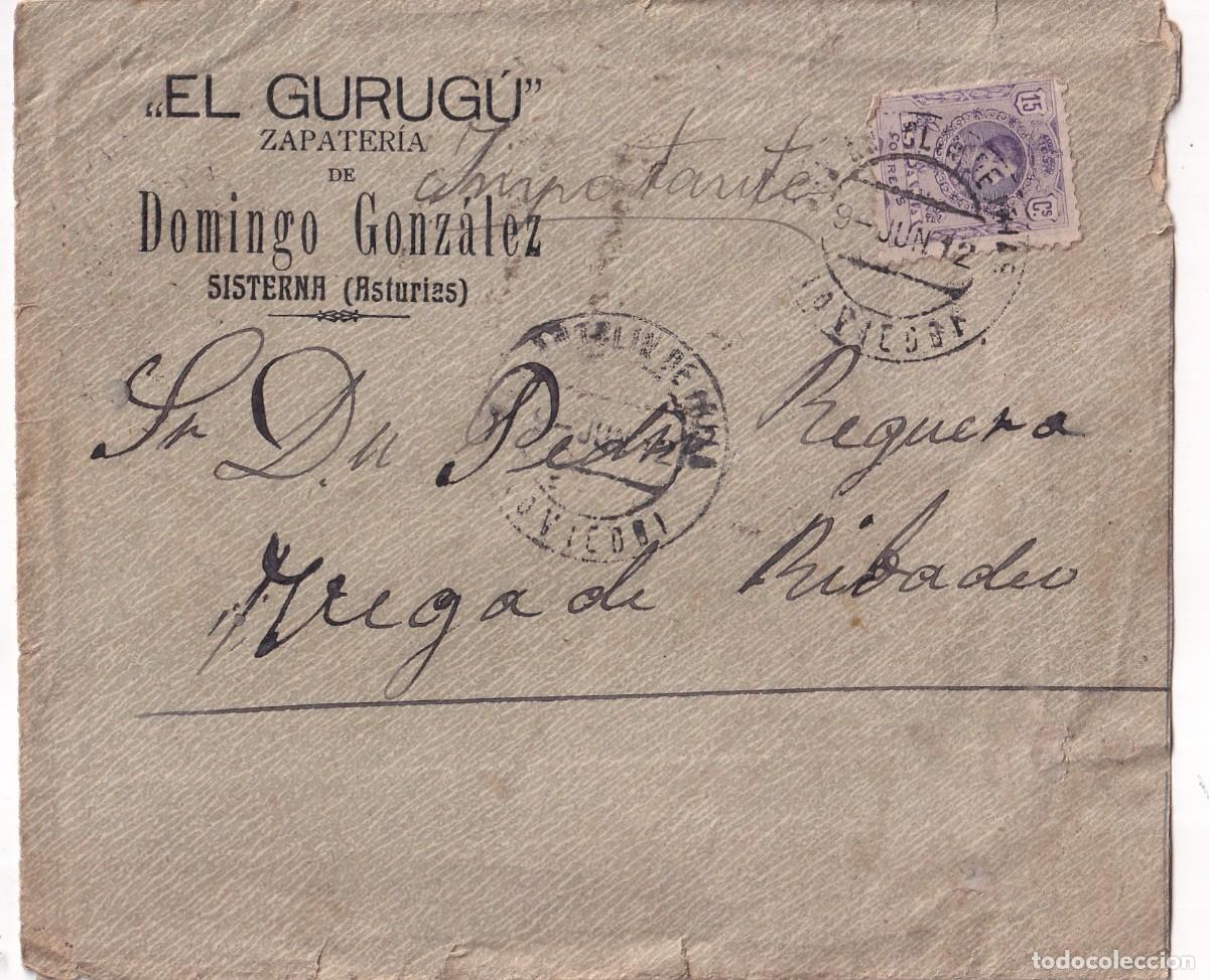 Stamps: Sobre con publicidad El Gurug&uacute; zapater&iacute;a. Domingo Gonz&aacute;lez. Sisterna Asturias. Lugo. Ribadeo.