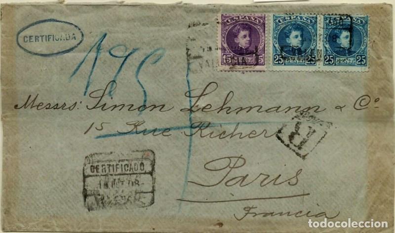 Sellos: FA4932. 1908, Correo certificado dirigido de Valencia a Paris (Francia)