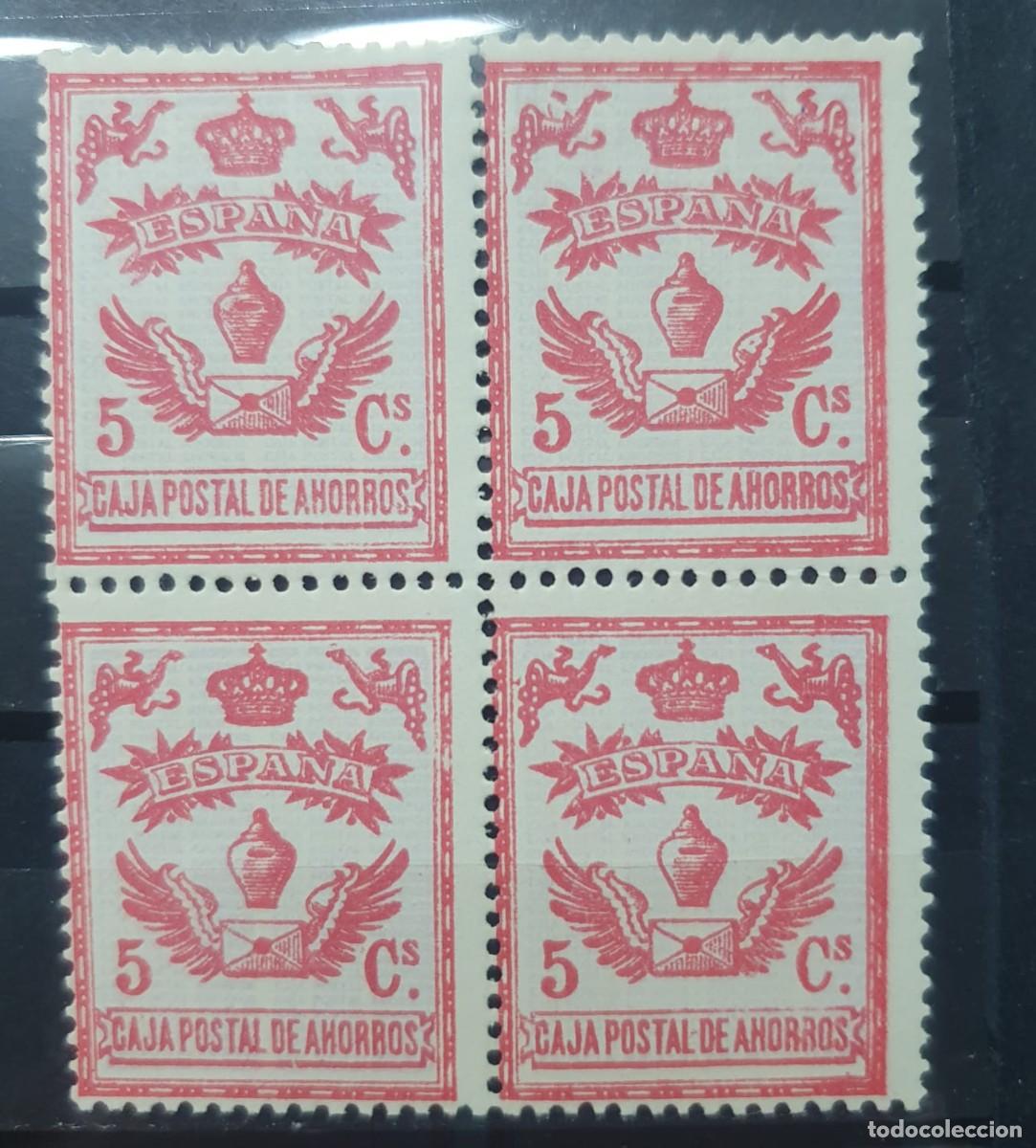 Briefmarken: espa&ntilde;a sello fiscal caja postal de ahorros 5 cts. rosa ** BLOQUE DE 4