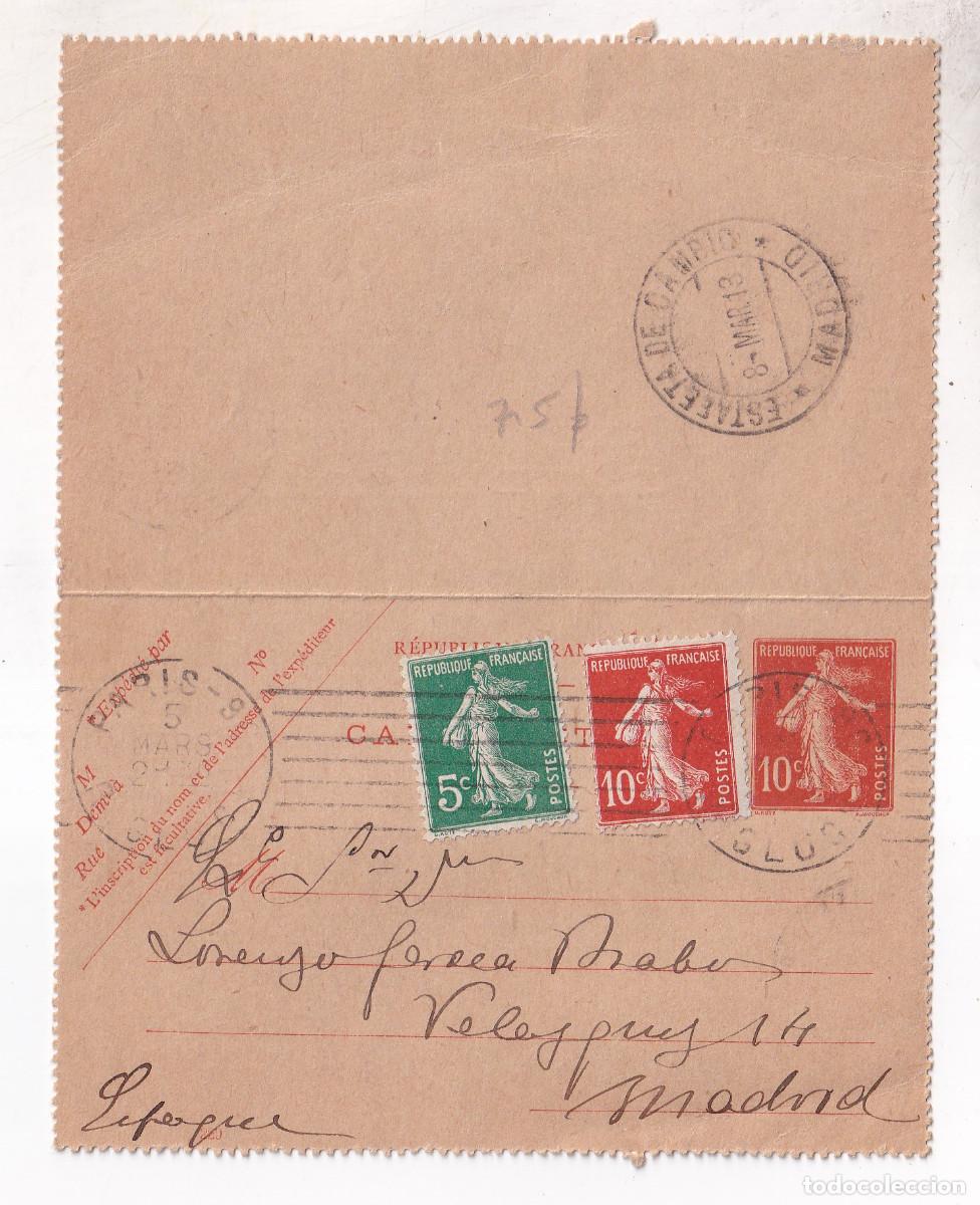 Sellos: ENTERO POSTAL. PAR&Iacute;S A MADRID. 1913. MATASELLOS ESTAFETA DE CAMBIO