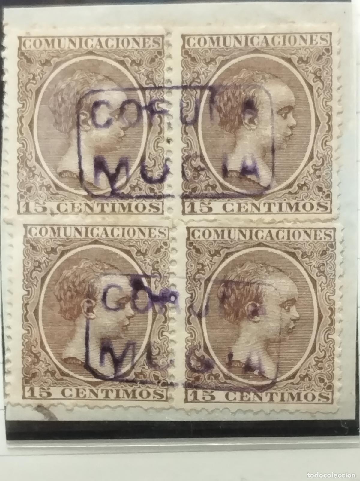 Stamps: BZB EDIFIL 219. ALFONSO XIII. PELON. BLOQUE DE CUATRO. CARTERIA DE MUGIA. CORU&Ntilde;A. LUJO