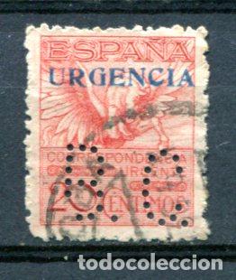 Selos: Edifil 489. 20 cts pegaso, urgencia. A&ntilde;o 1930. Matasellado. Num. A009700. Taladro B.C.