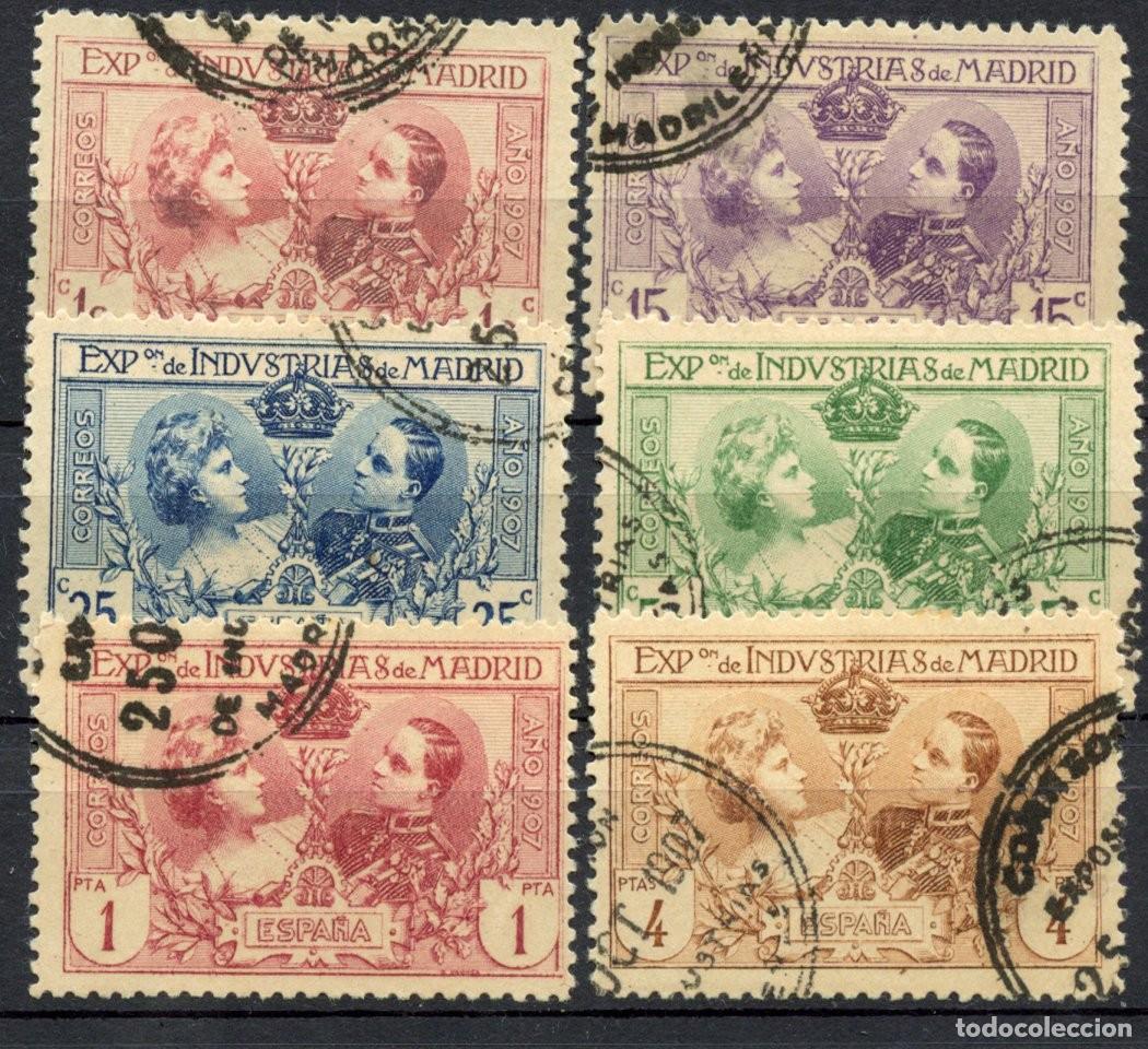 Sellos: ESPA&Ntilde;A 1907. EXPO INDUSTRIAS MADRID. 2 SERIES, UNA USADA Y OTRA NUEVA CON FIJASELLOS.