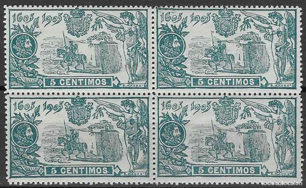Sellos: EDIFIL 257 III CENTENARIO PUBLICACI&Oacute;N DE EL QUIJOTE 1905 (BLOQUE DE 4). MNH ** (SALIDA: 0,01 &euro;).