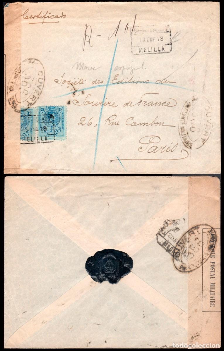 Sellos: Melilla - Edi o 274 (2) - Sobre Mat &rdquo;Certificado 18/Ene./18 - Melilla&rdquo; a Par&iacute;s + marcas