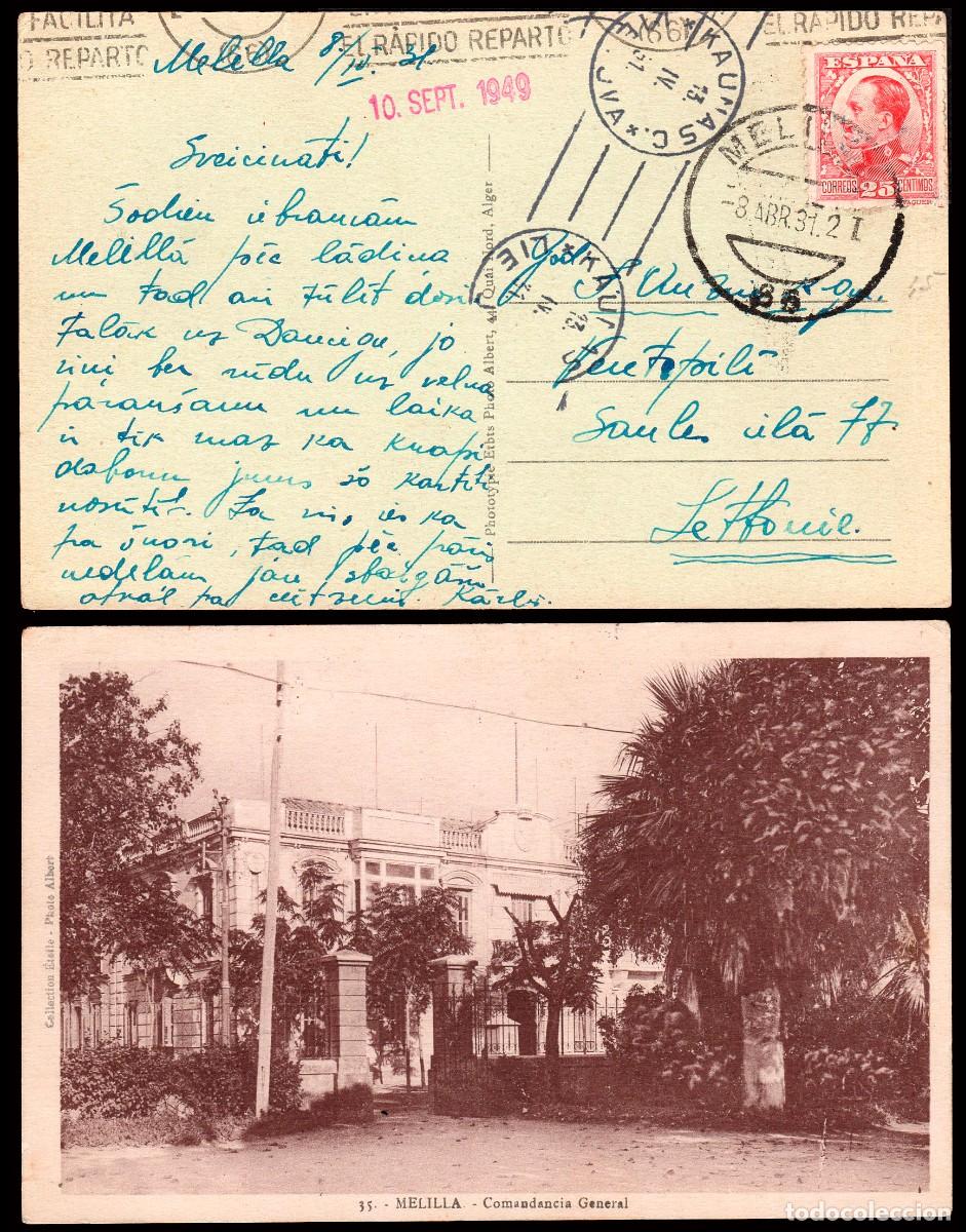 Sellos: Melilla - Edi o TP 495 - Postal &rdquo;Melilla - Comandancia General&rdquo; Mat &rdquo;Melilla 8/Ab./31&rdquo; a Letonia