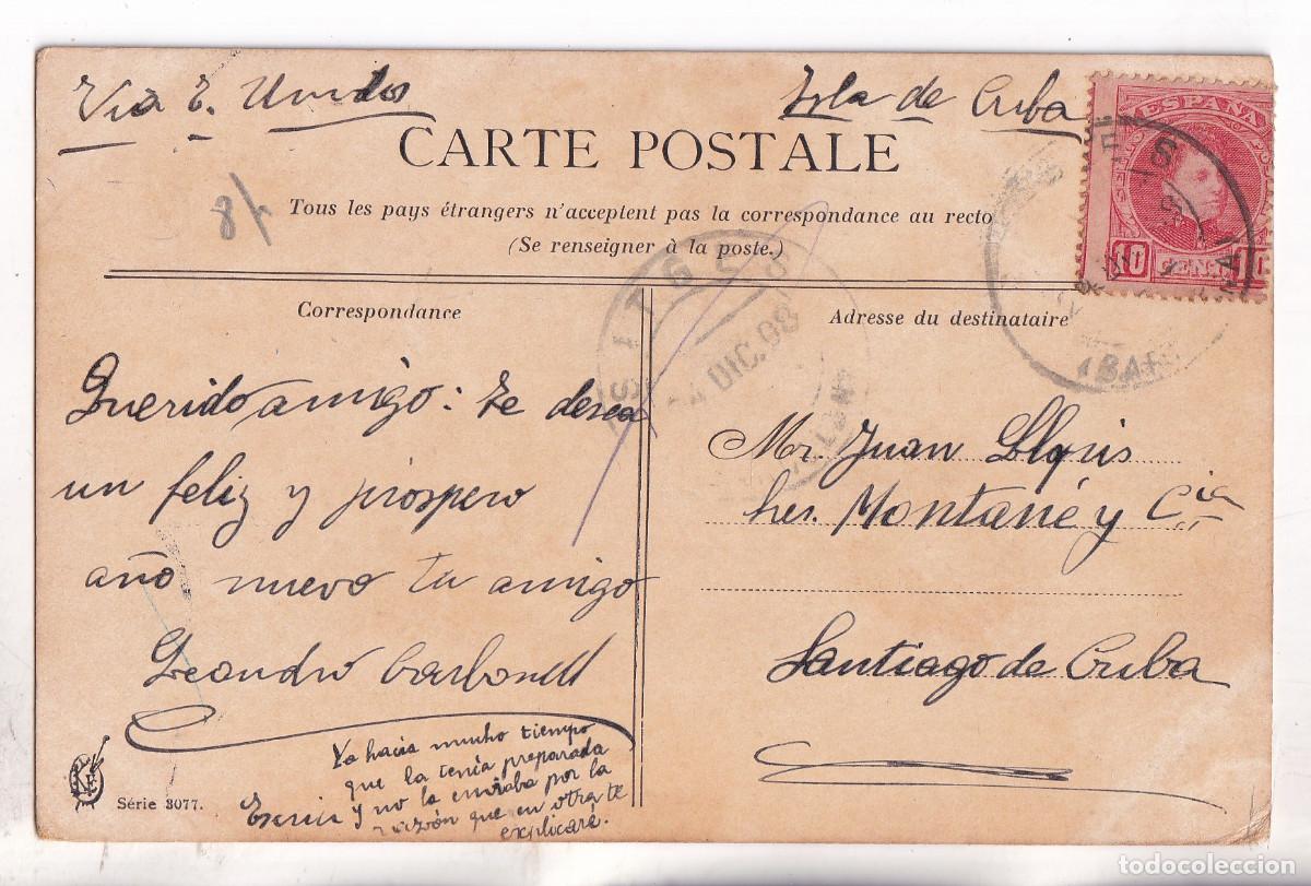 Sellos: POSTAL. SITGES. BARCELONA. 1908. CADETE. A CUBA. V&Iacute;A ESTADOS UNIDOS