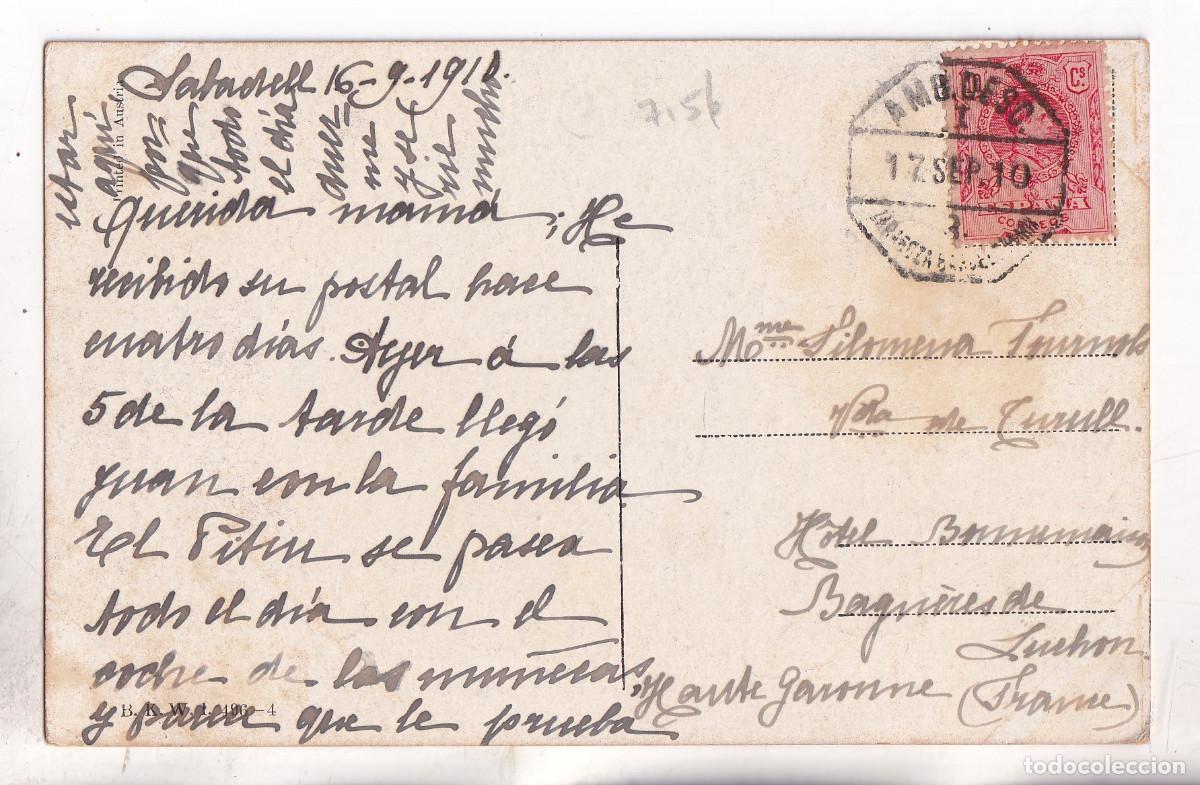 Sellos: POSTAL. SABADELL A FRANCIA. 1910. AMBULANTE ZARAGOZA BARCELONA