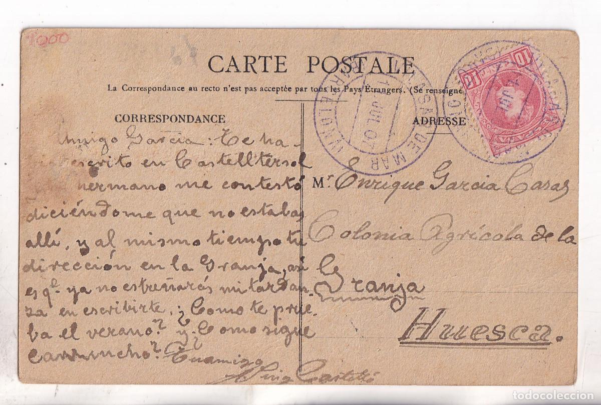 Sellos: POSTAL. VILASAR DE MAR. 1907. BARCELONA. FECHADOR VIOLETA. A COLONIA AGR&Iacute;COLA HUESCA