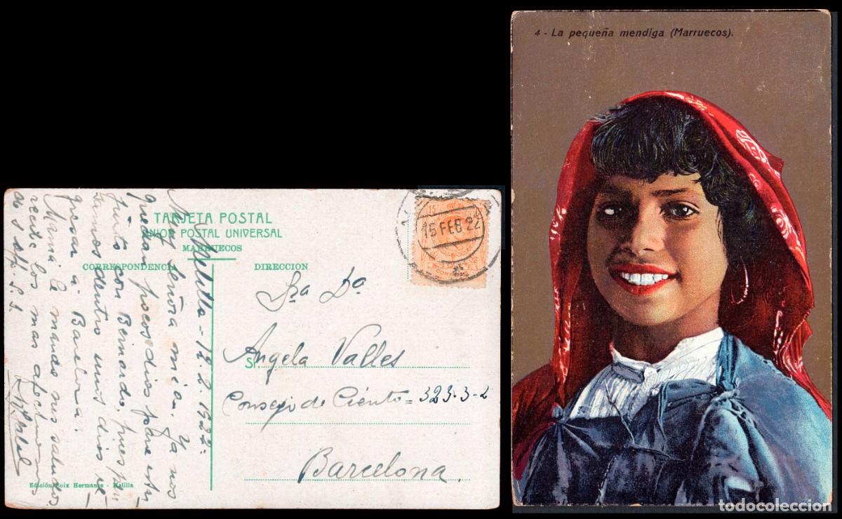 Sellos: Melilla - Edi o TP 271 - Postal &rdquo;Peque&ntilde;a mendiga&rdquo; - Mat &rdquo;Melilla 15/Feb./22&rdquo; a Barcelona