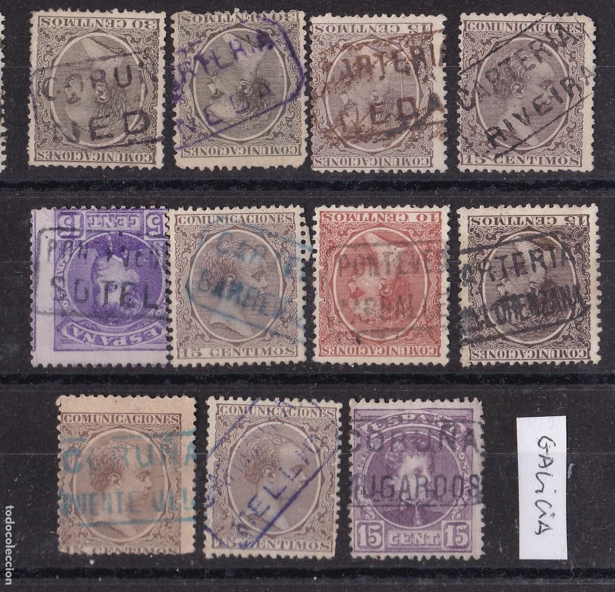 Sellos: AA27-Alfonso XIII x 11 Sellos Matasellos Carter&iacute;as GALICIA