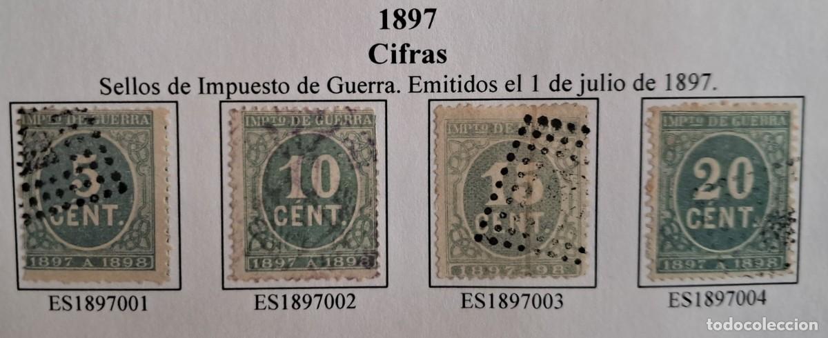 Sellos: serie completa de sellos de Espa&ntilde;a usados, impuesto guerra, cifras, a&ntilde;o 1897. edifil 232-235.