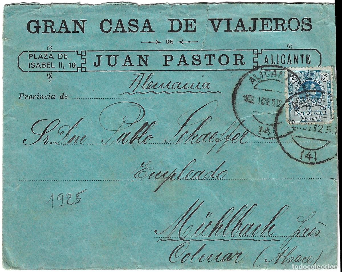 Sellos: 1925 carta sobre Alicante a Francia franqueo Alfonso XIII medall&oacute;n