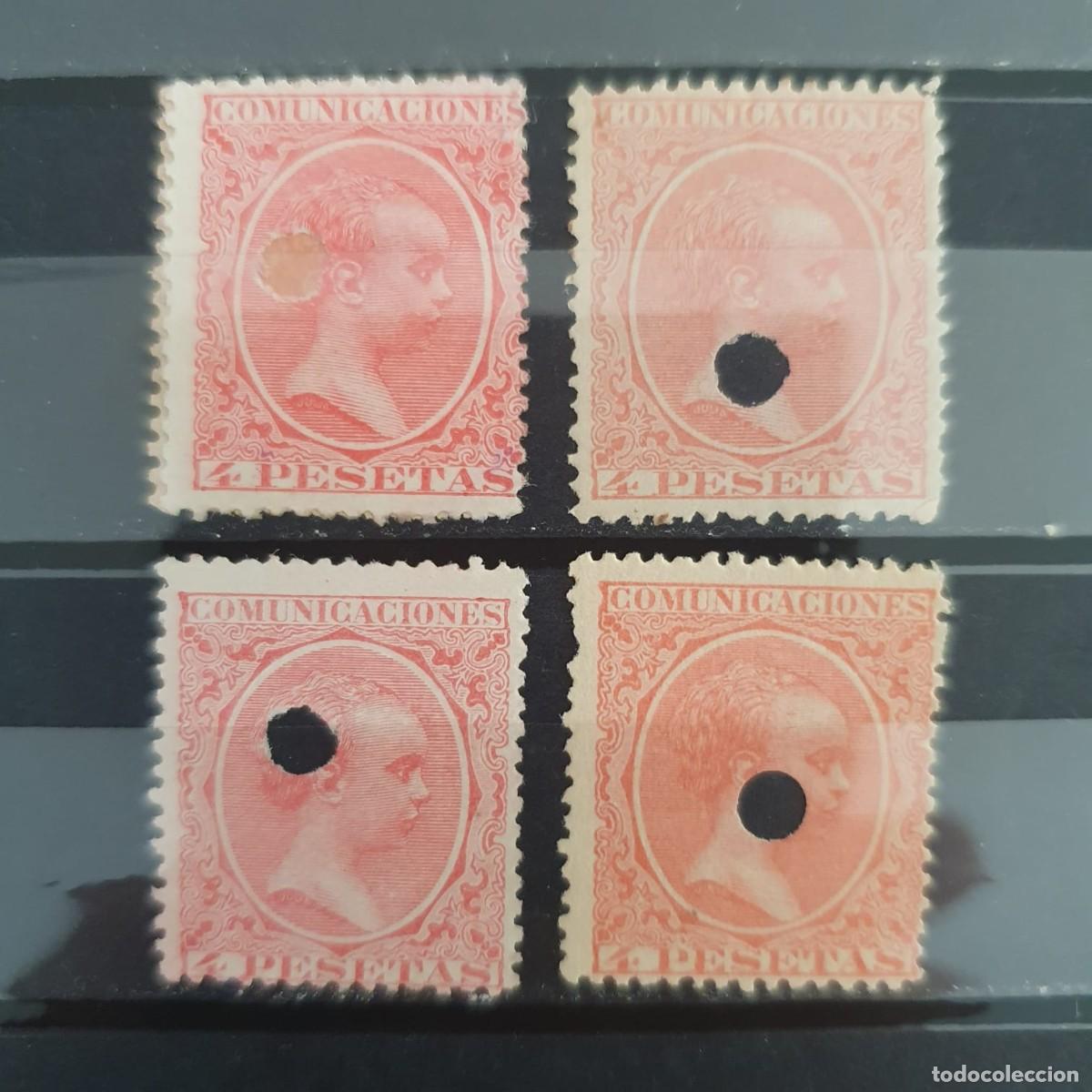 Sellos: EDIFIL 227 T 4 UNIDADES VARIEDADES 4 PESETAS ALFONSO XIII ESPA&Ntilde;A 1898
