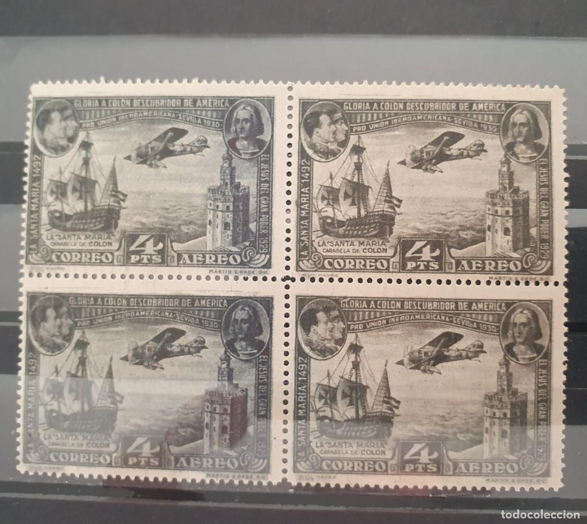 Sellos: EDIFIL 591 ** ESPA&Ntilde;A 1930 BLOQUE DE 4 CON VARIEDADES EN EL COLOR