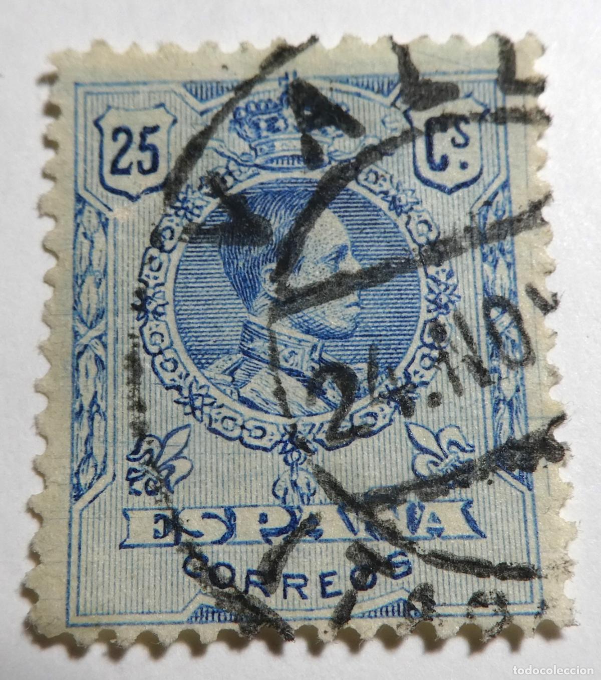 Sellos: Sello postal Espa&ntilde;a Alfonso XIII 25 c&eacute;ntimos de 1911 Tipo Medall&oacute;n