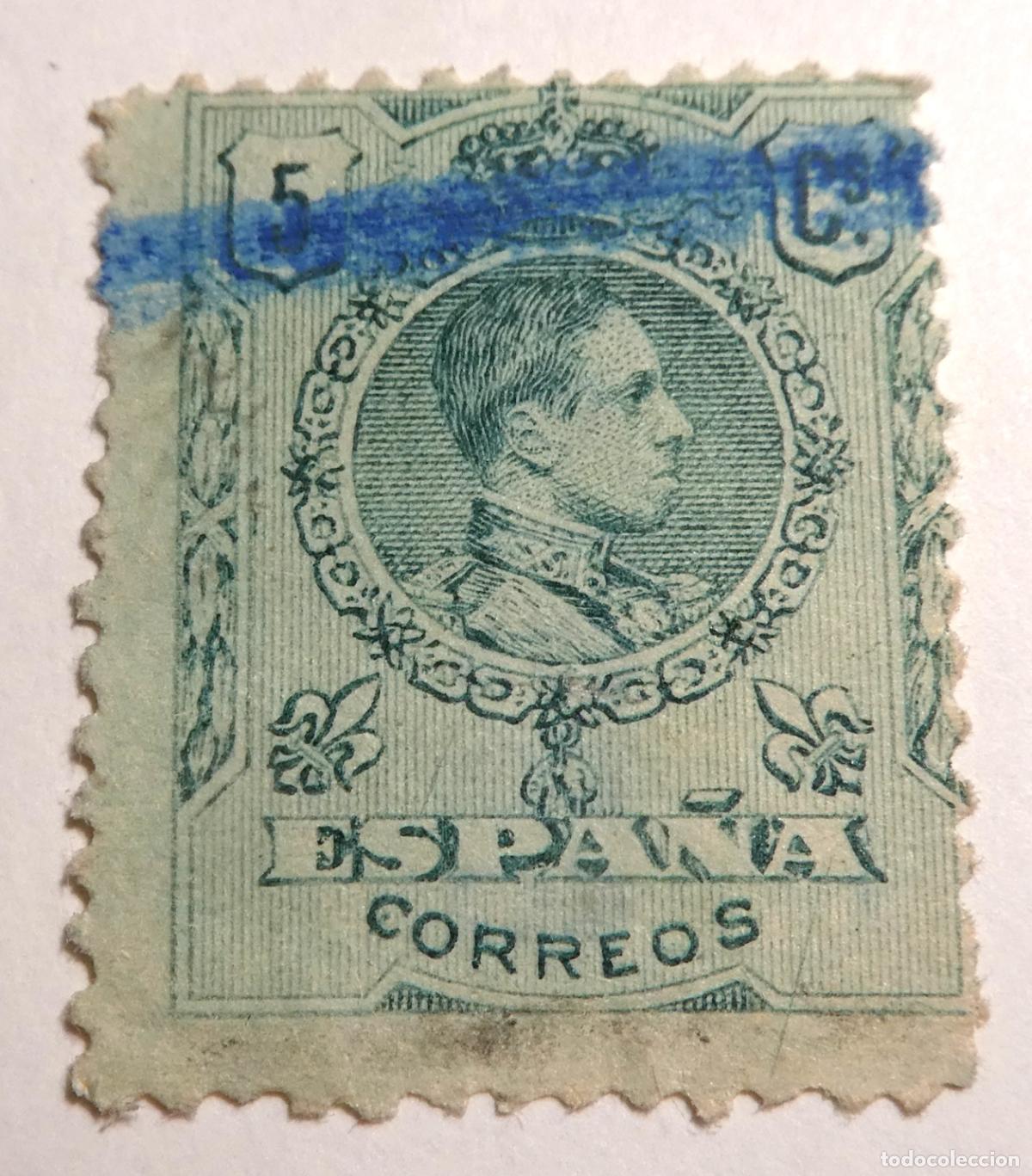 Sellos: Sello postal Espa&ntilde;a Alfonso XIII 5 c&eacute;ntimos de 1909 Tipo Medall&oacute;n